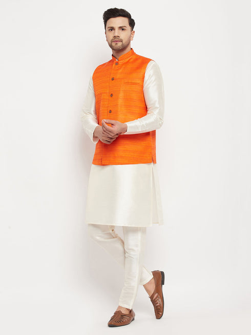 Vastramay Men's Orange Matka Silk Nehru Jacket With Kurta and Pant style Pyjama Set